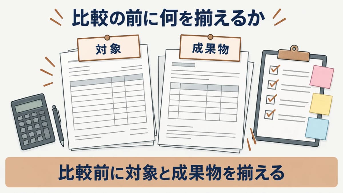 同一仕様で見積を比較するために対象と成果物を先にそろえる図
