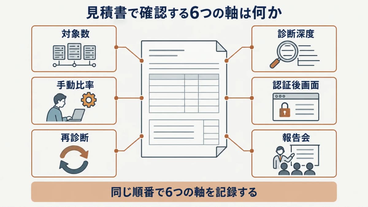 対象数から報告会までの六つの確認軸を一つの見積比較表へ整理する図