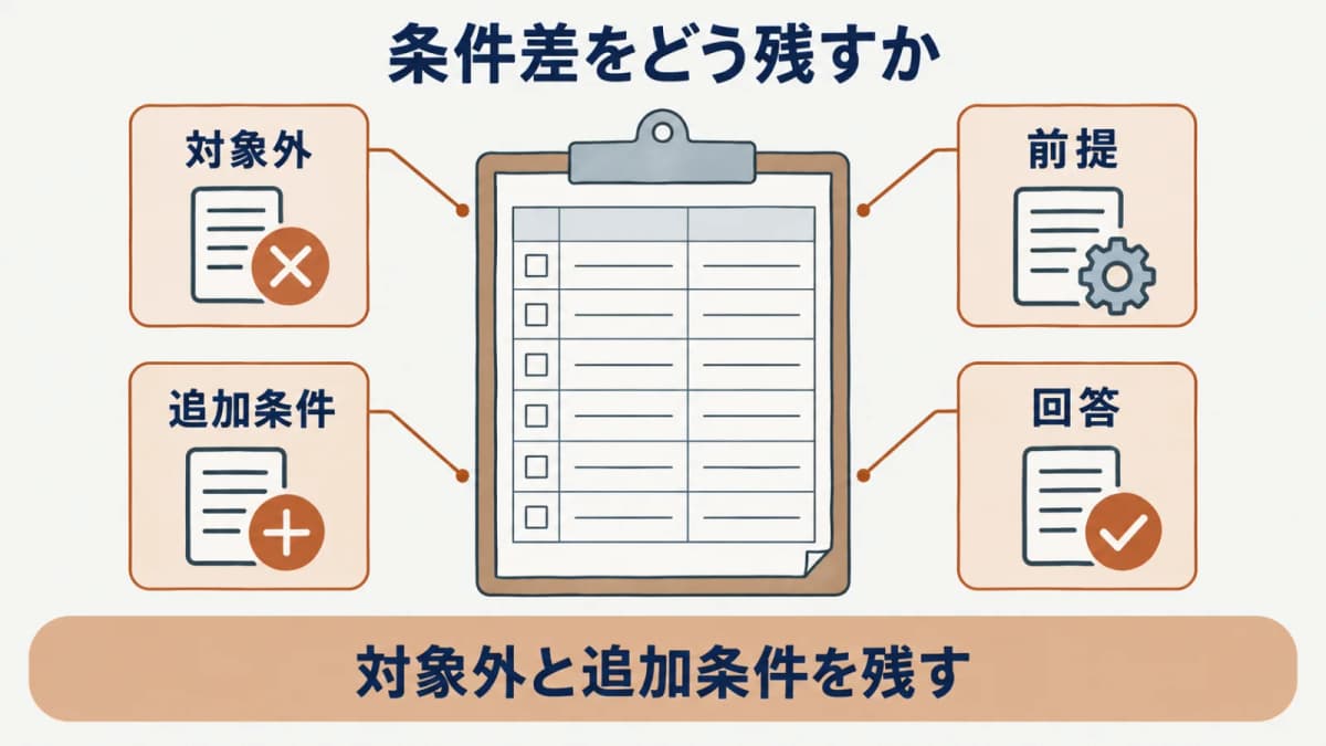 対象外・前提・追加条件・回答をチェックシートに残す図