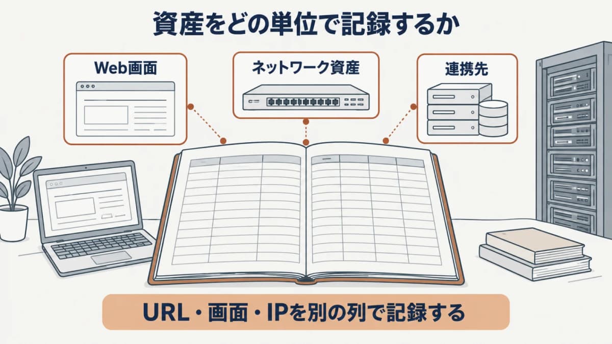 Web画面・ネットワーク資産・連携先をURL・画面・IPの列に分けて台帳へ記録する図