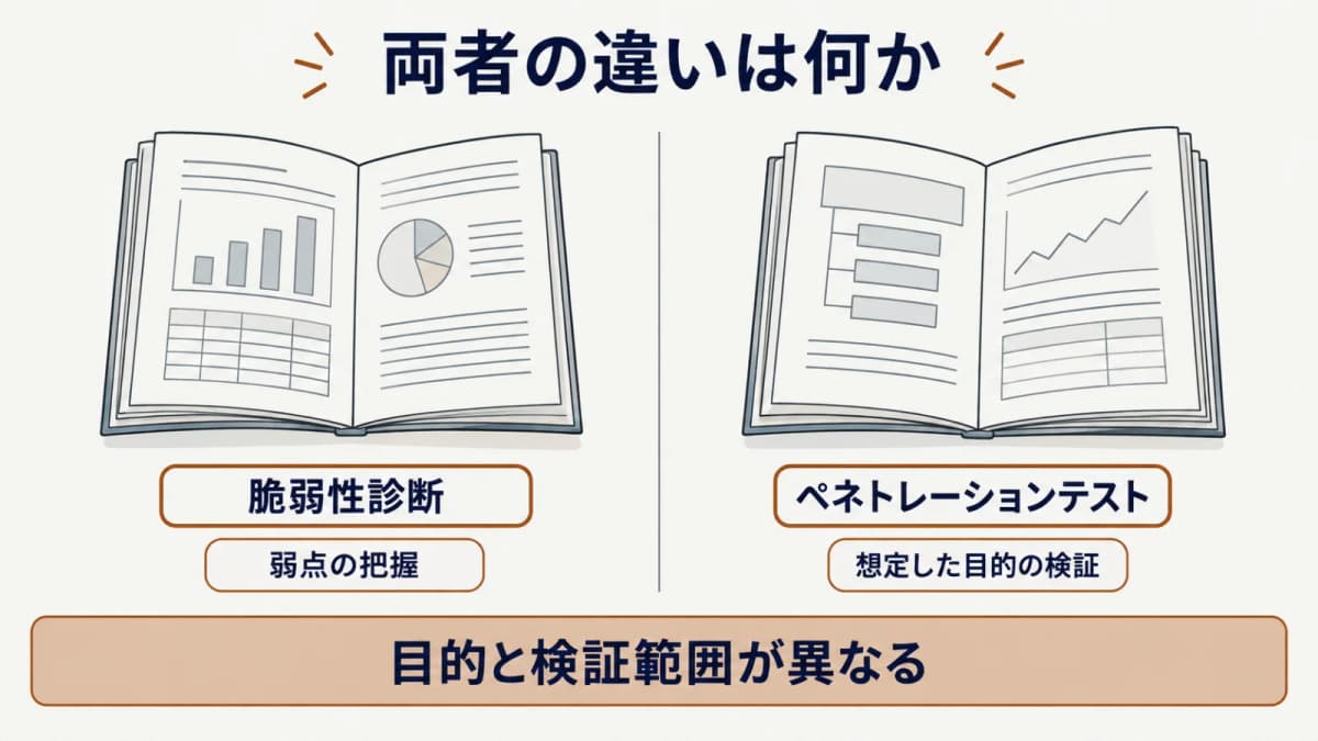 脆弱性診断とペネトレーションテストを目的と依頼範囲で分ける比較図