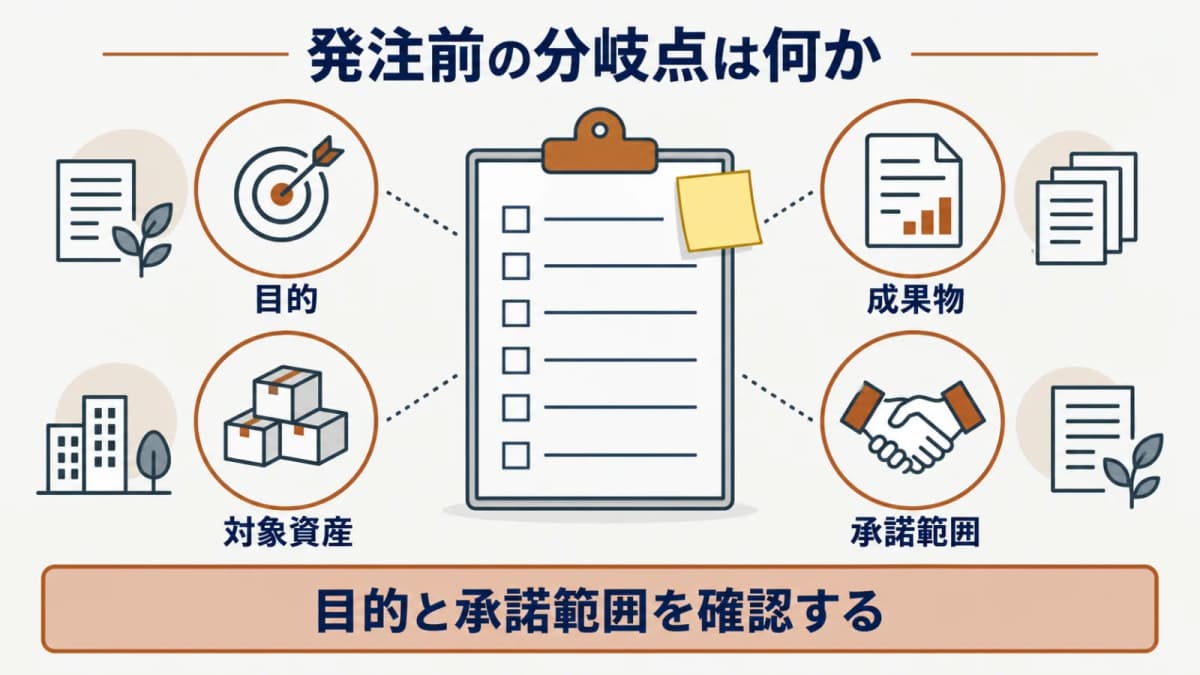 脆弱性診断とペネトレーションテストで発注前に確認する目的・対象・承諾を要約した図