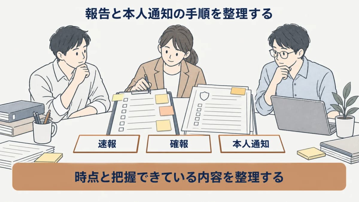 速報、確報、本人通知を時点ごとに整理する流れを示す図