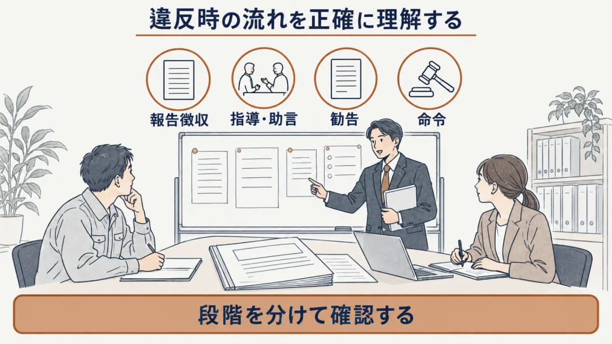 報告徴収等から命令違反までの段階を示す図