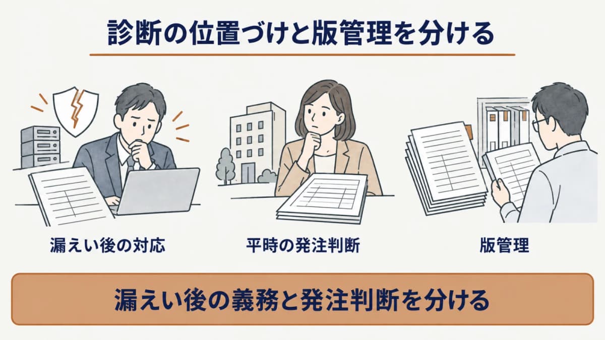 法令上の報告・通知と平時の診断発注を分けて整理する図