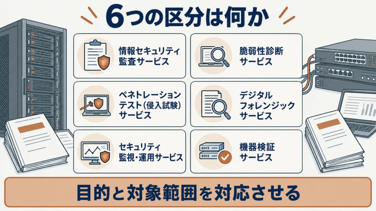 情報セキュリティ監査から機器検証までの六つのサービス区分を並べた図