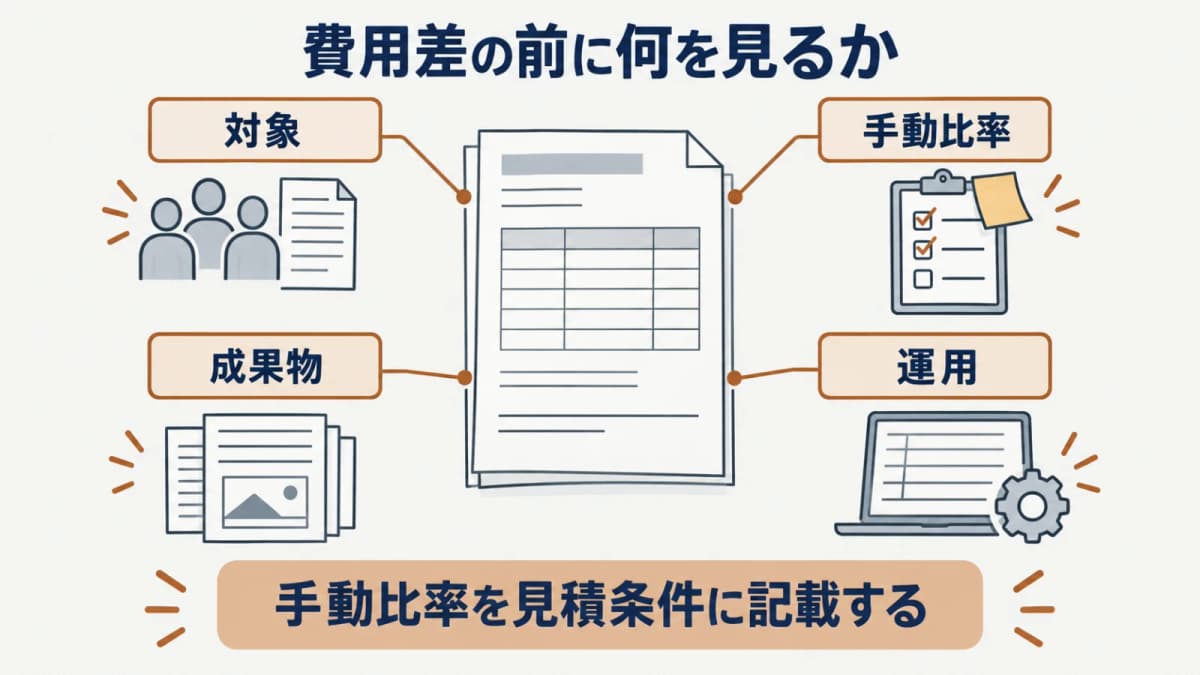 手動比率・対象・成果物・運用を条件差として確認する図