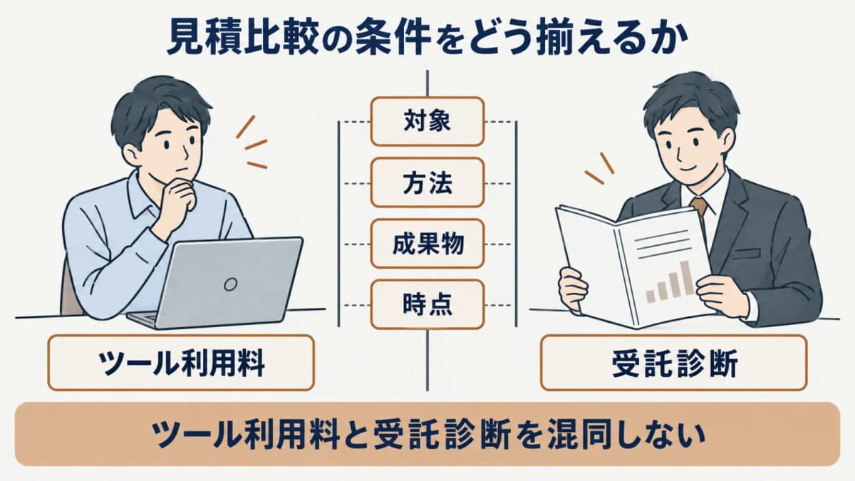 ツール利用と受託診断を対象・方法・成果物・時点で分けて比較する図