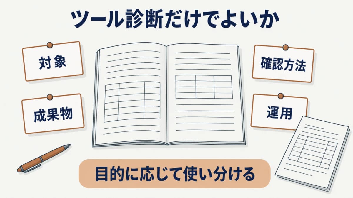 手動とツールの違いを費用ではなく確認条件から整理する要点の図