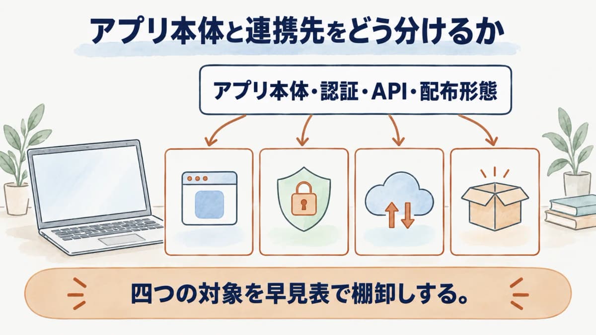 スマホアプリ本体・認証・API・配布形態を分けて棚卸しする早見表