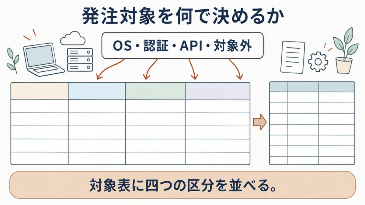 OS・認証・API・対象外を一枚の対象表へ並べる図