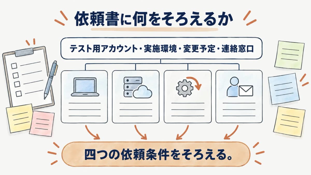 テスト用アカウント・実施環境・変更予定・連絡窓口をそろえる図