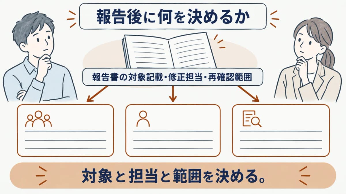 報告書の対象記載・修正担当・再確認範囲を決める図