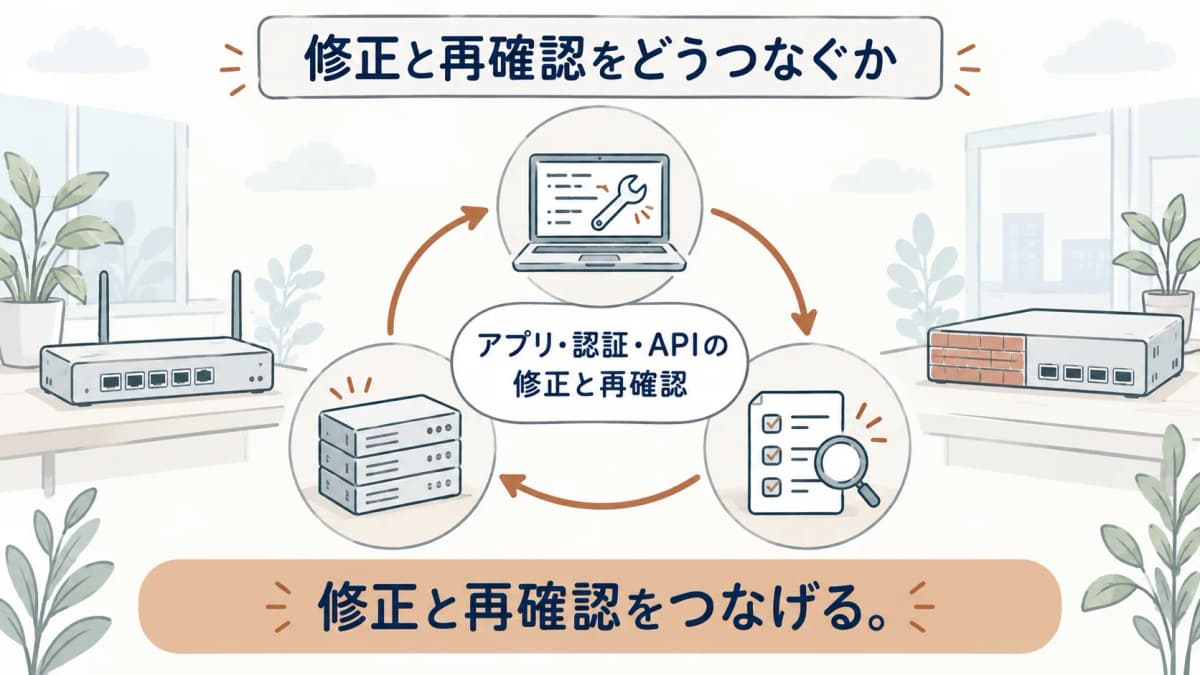 アプリ・認証・APIの修正と再確認をつなげる要点図