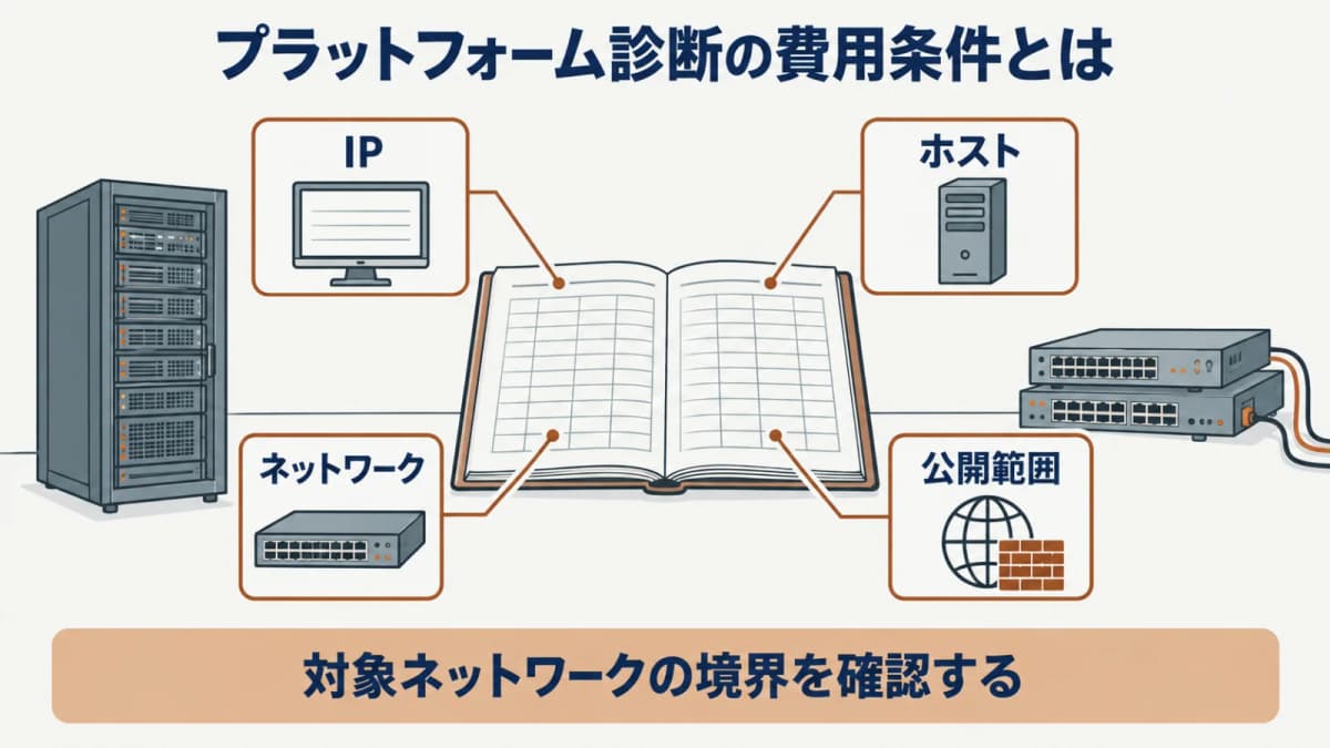 IP・ホスト・ネットワーク・公開範囲を資産台帳の周囲に分けて整理する図