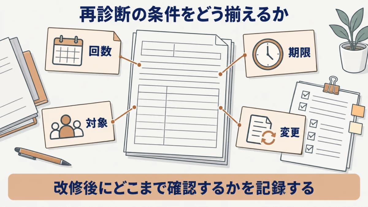 再診断の回数・期限・対象・変更時の扱いを揃える図