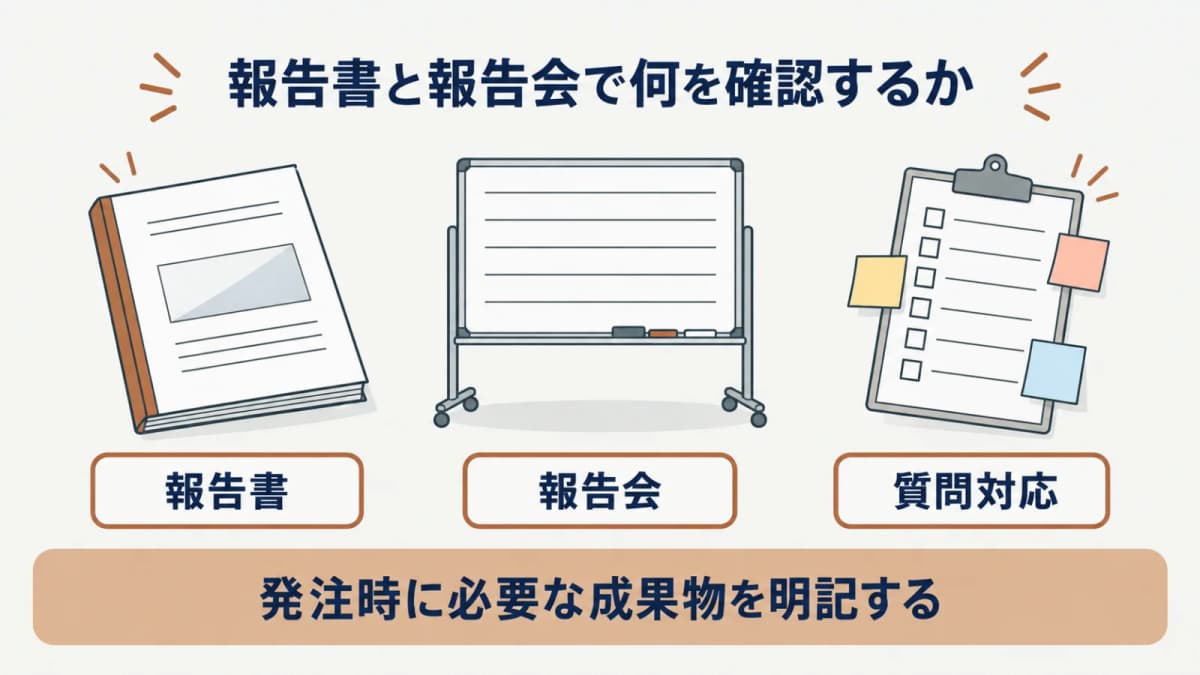 報告書・報告会・質問対応を成果物の条件として分ける図