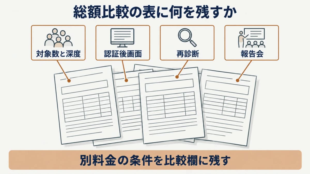 総額比較の前に再診断と報告会の条件を表に残す図