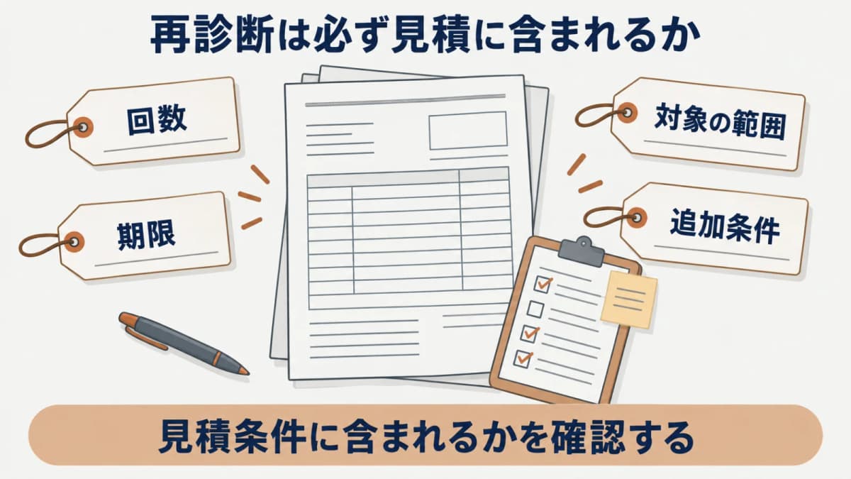 再診断の回数・期限・対象の範囲・追加条件が見積に含まれるかを確認する図