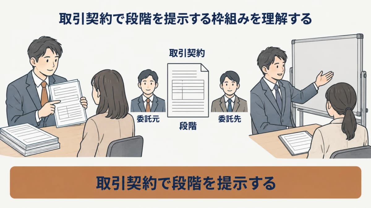 取引契約で委託元と委託先が段階を確認し、準備情報を分けて扱う図