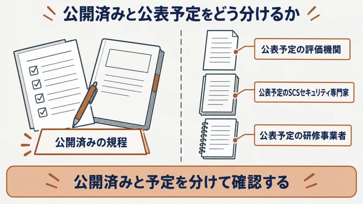公開済み規程と評価機関・専門家・研修事業者の公表予定を分ける図