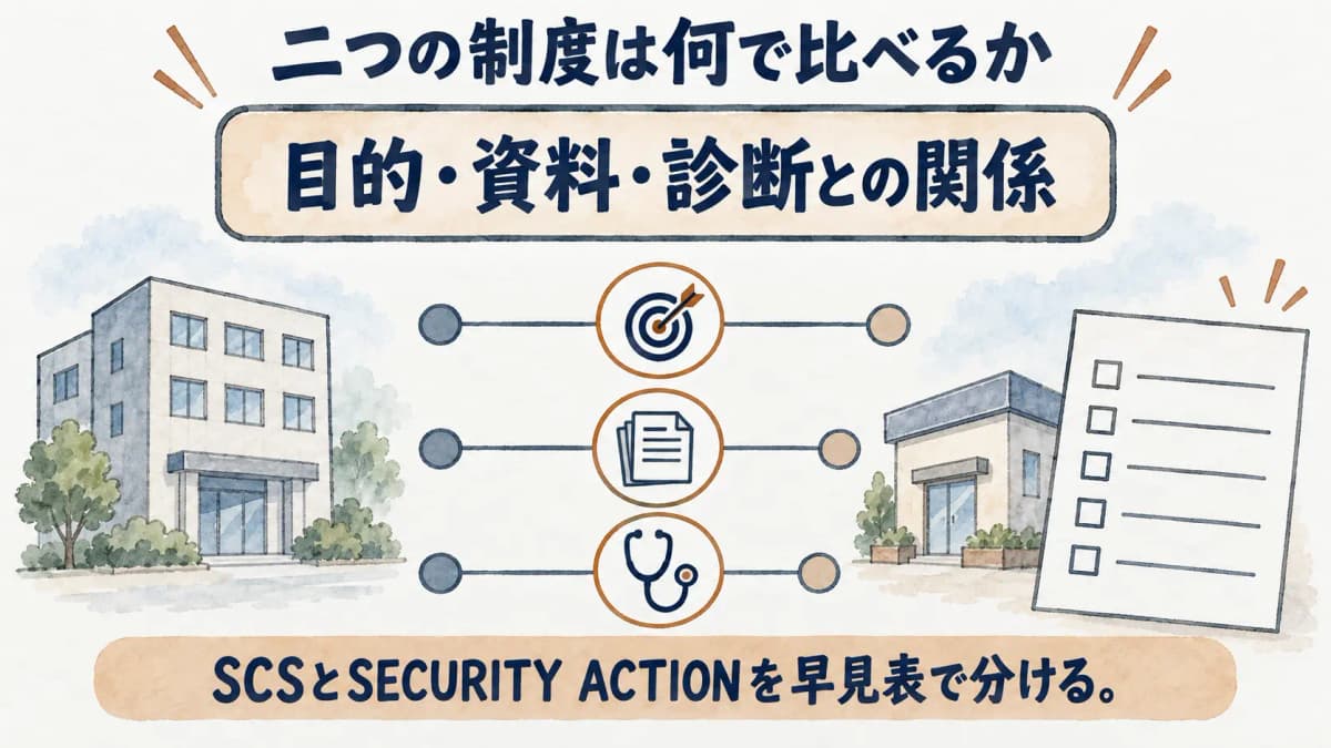 SCSとSECURITY ACTIONを目的・資料・診断との関係で分ける早見表