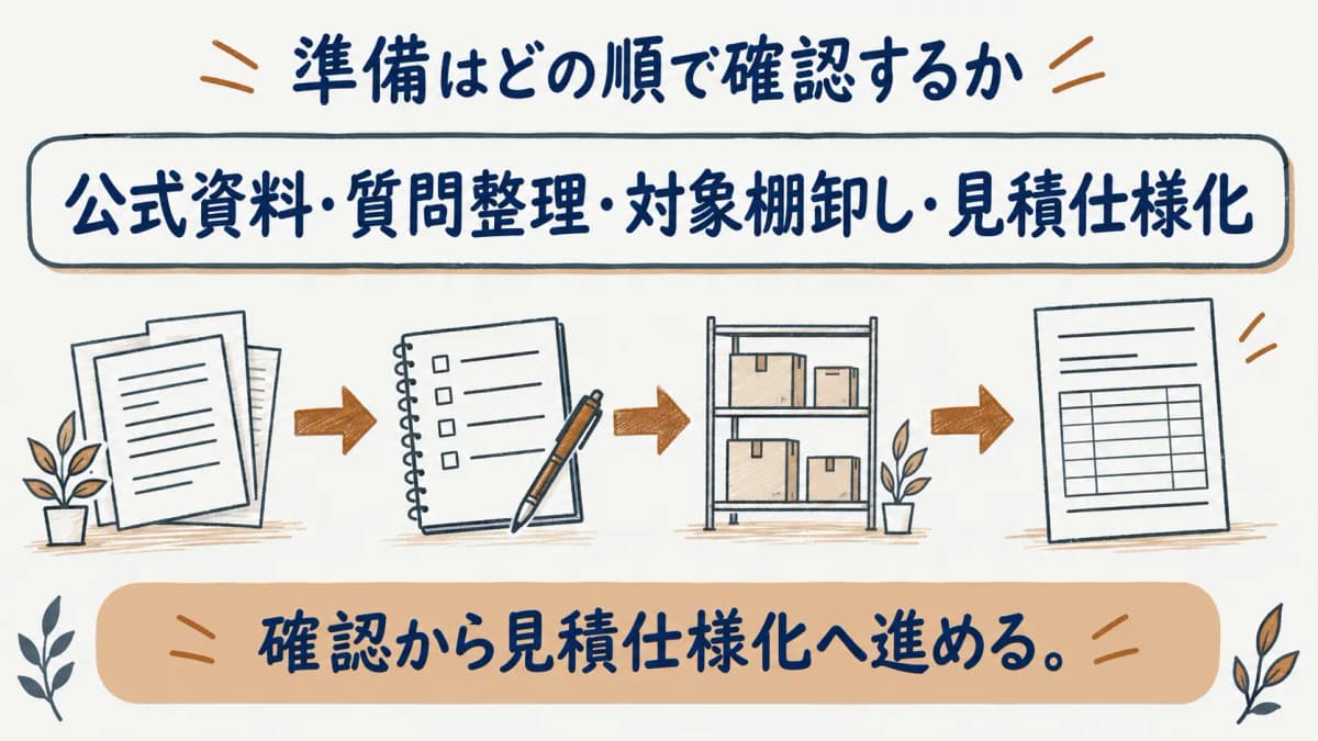 公式資料の確認から質問整理・対象棚卸し・見積仕様化へ進む図