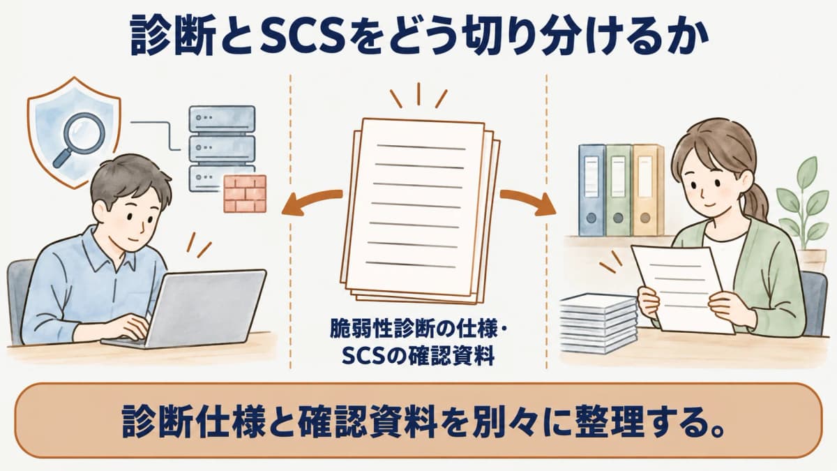 脆弱性診断の仕様とSCSの確認資料を別々に整理する図