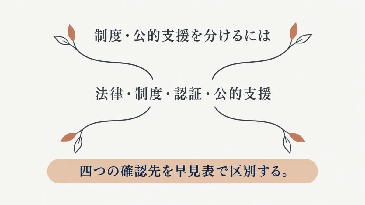 法律・制度・認証・公的支援を四つの確認先に分ける早見表