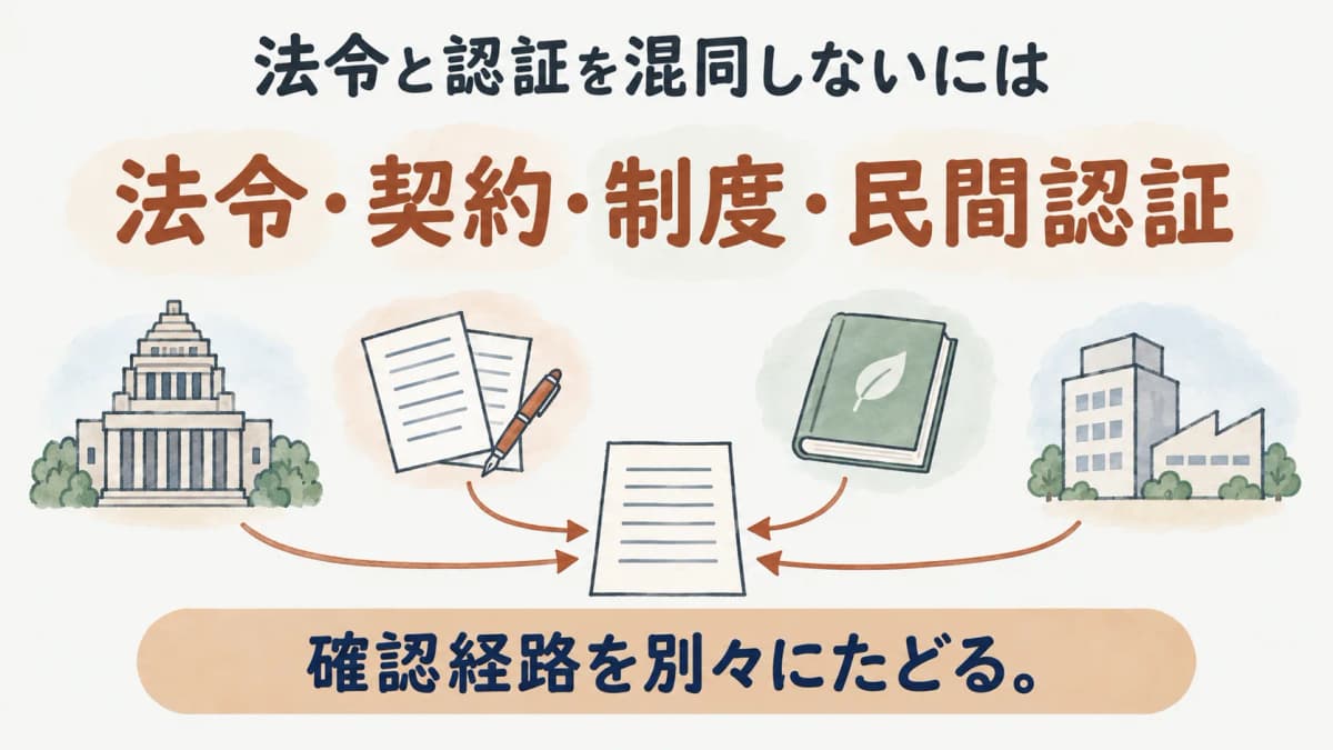 法令・契約・制度・民間認証を別の確認経路へ分ける図