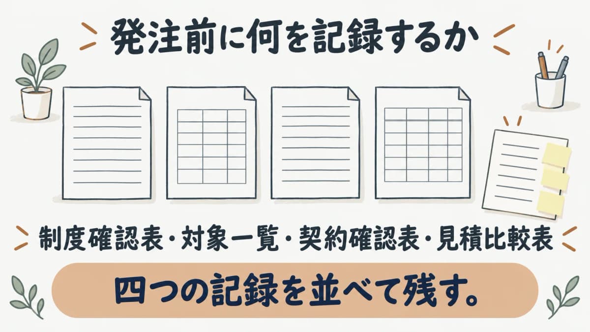制度確認表・対象一覧・契約確認表・見積比較表を並べて残す図