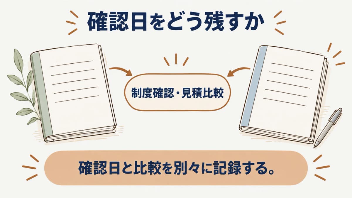 発注前に制度確認と見積比較を別々に記録する要点図