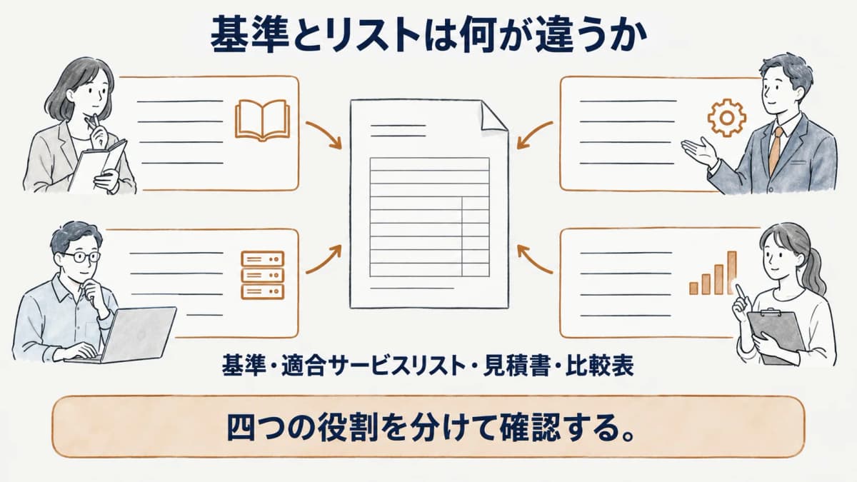 基準・適合サービスリスト・見積書・比較表の役割を分ける図
