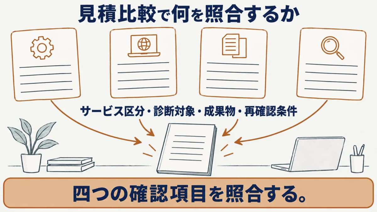 サービス区分と診断対象・成果物・再確認条件を照合する図