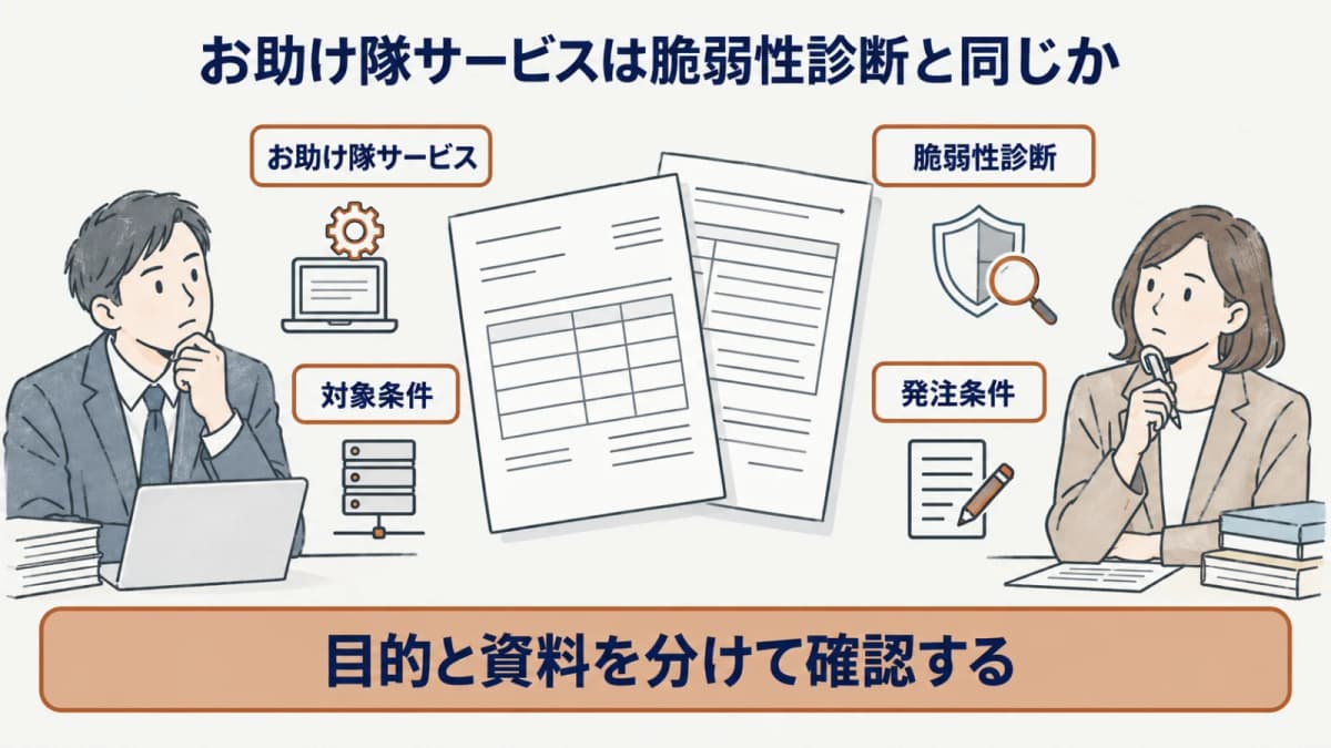 お助け隊サービスと受託診断と対象条件を分けて確認する要点の図