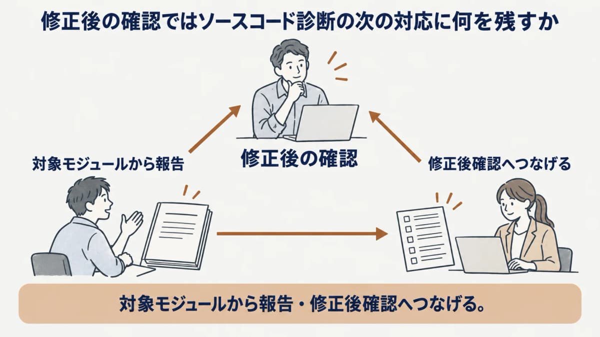 対象モジュールから報告・修正後確認へつなげる要点図