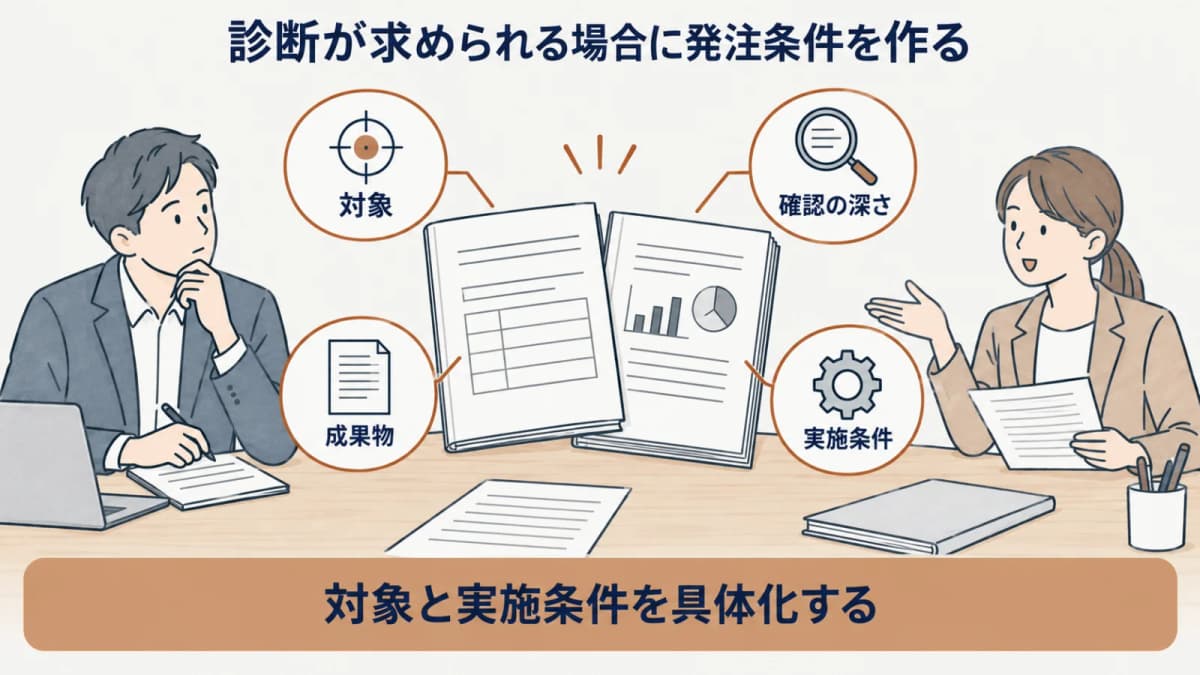 取引先要請を対象・確認深度・成果物・再診断条件の発注仕様に対応付ける図