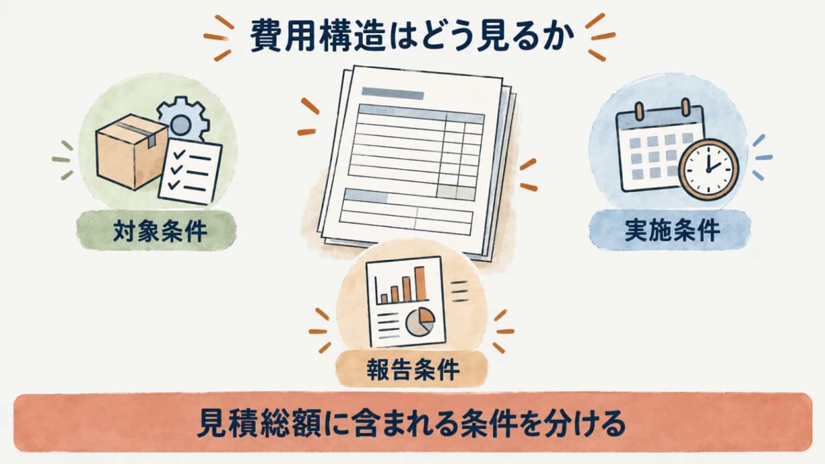 対象・深度・手動比率・成果物の組み合わせで費用条件が決まる図