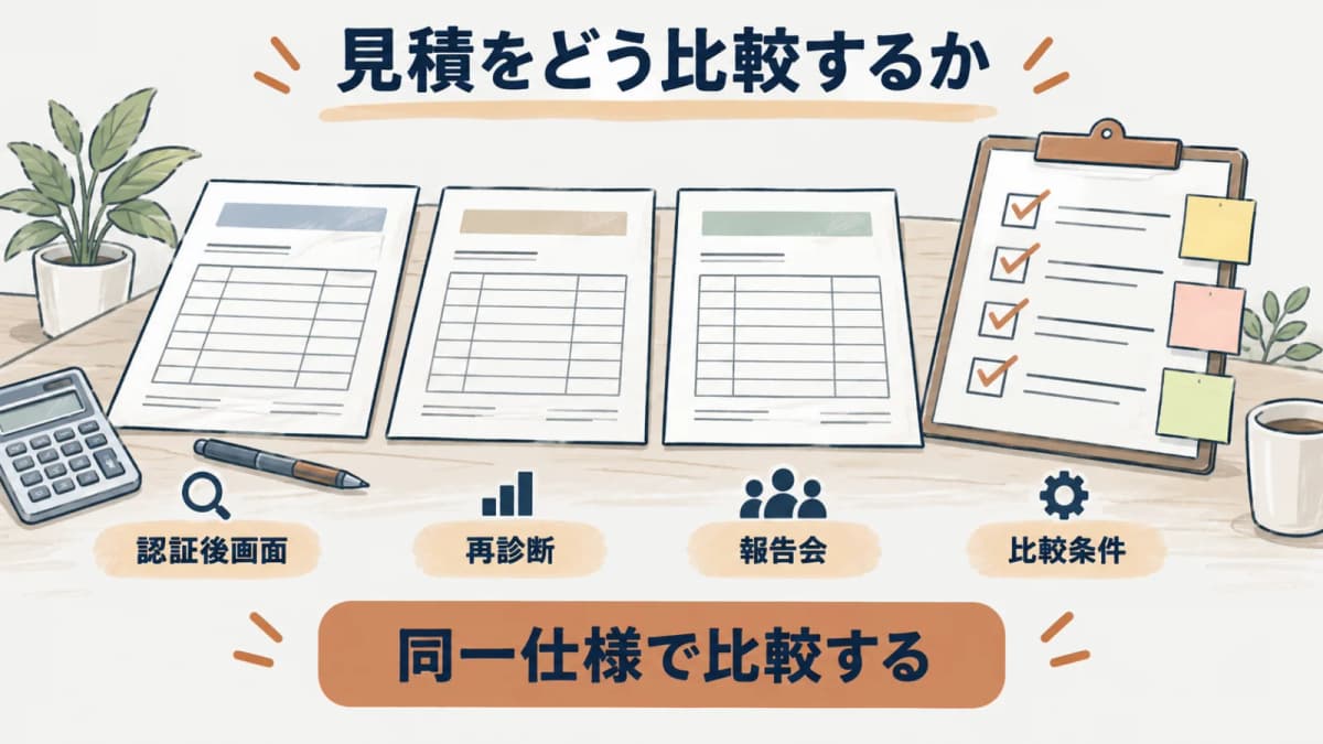 六つの比較条件を同一仕様シートに記録して見積差を確認する図