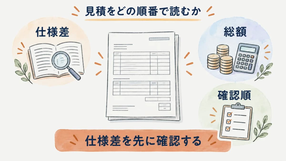 見積を対象・方法・成果物・金額の順に確認する図