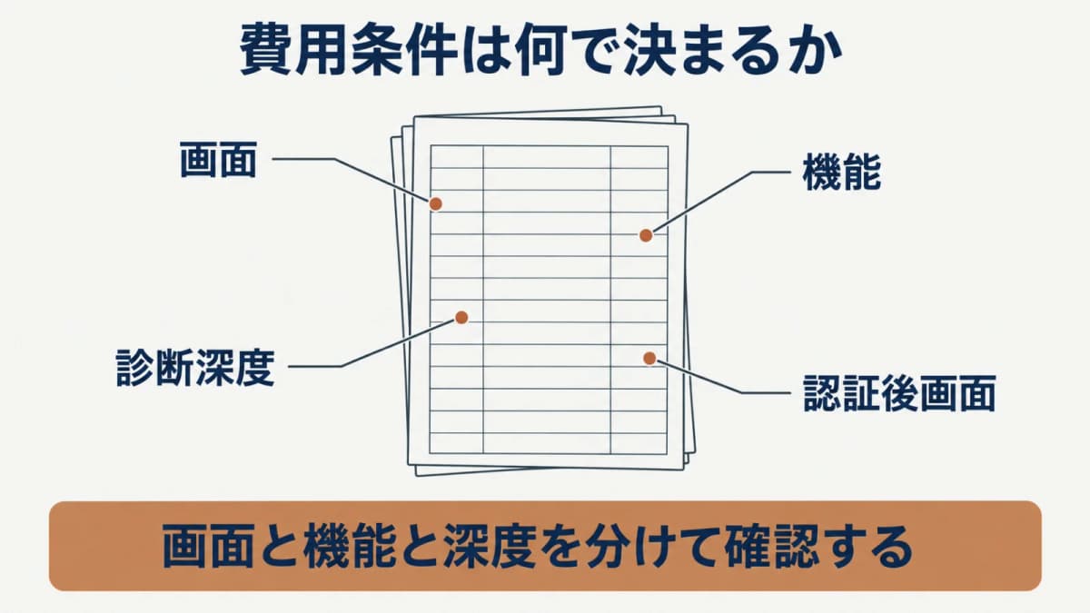 画面・機能・認証後画面・診断深度をWebアプリ診断の費用条件として整理する図