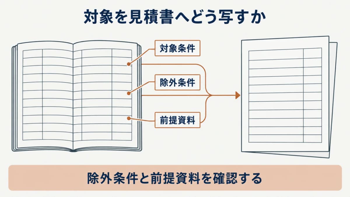 対象画面・認証後画面・除外条件・前提資料を見積書に写す図
