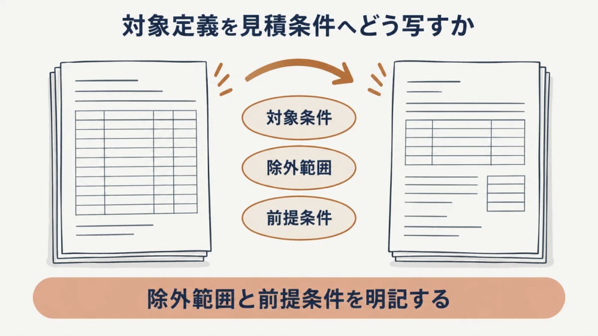対象・対象外・前提資料・変更時の扱いを見積条件へ写す図