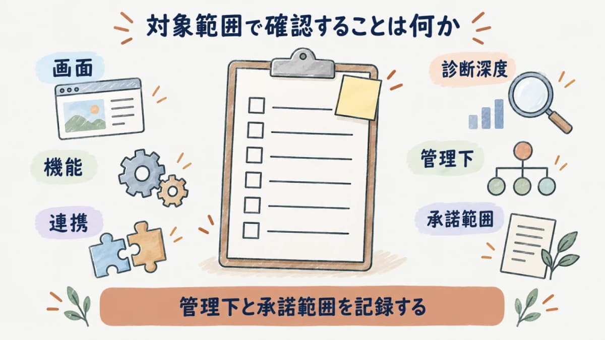 Webアプリ診断で公開画面から承諾範囲まで確認する要点をまとめた図
